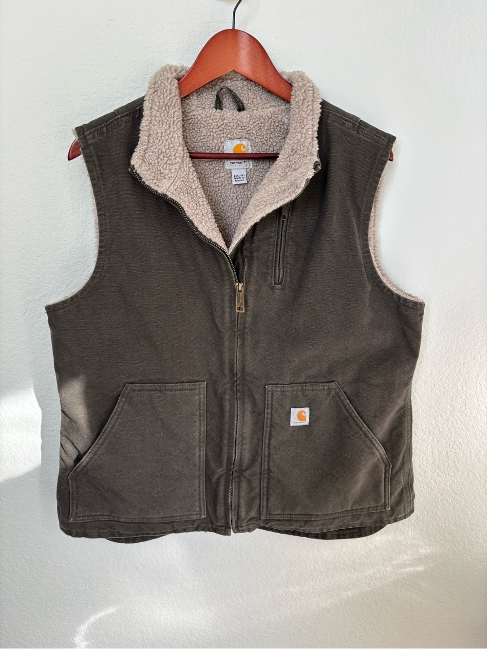 Carhartt Sandstone Canvas Sherpa Lined Mock Neck Vest Dark Brown L 12/14